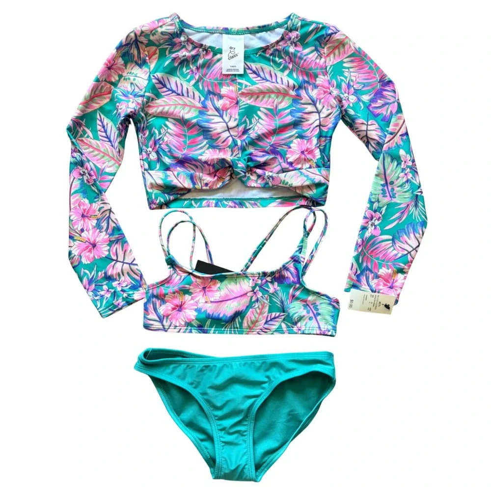 Art Class Tropical Hawaiian Palm Floral Rash Guard Bikini Bathing Suit 4/5 NWT